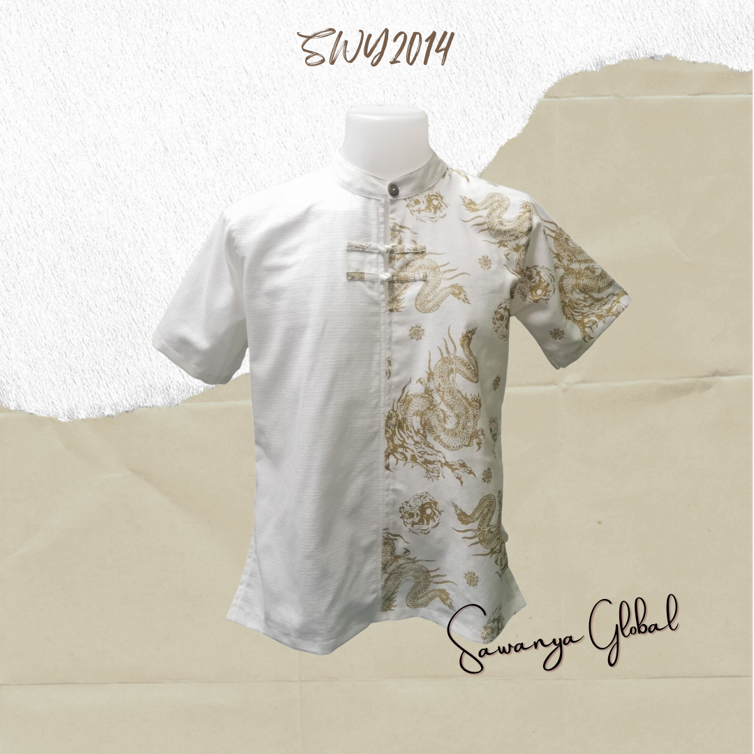 สีขาว เสื้อเมืองชาย ลายมังกร S M L XL